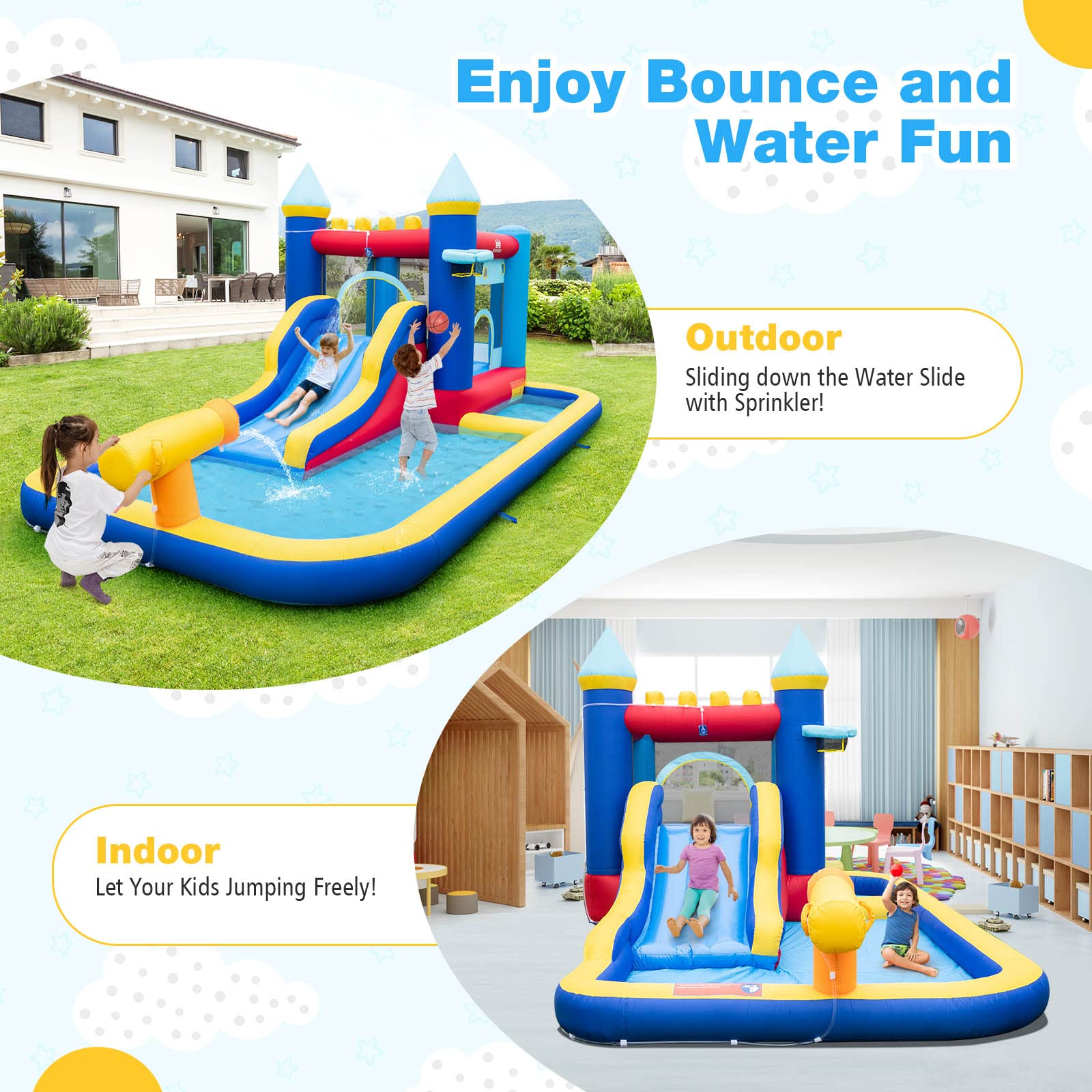 BOUNTECH Inflatable Water Slide, Water Bounce House with Ball Pit & Waterslide for Kids