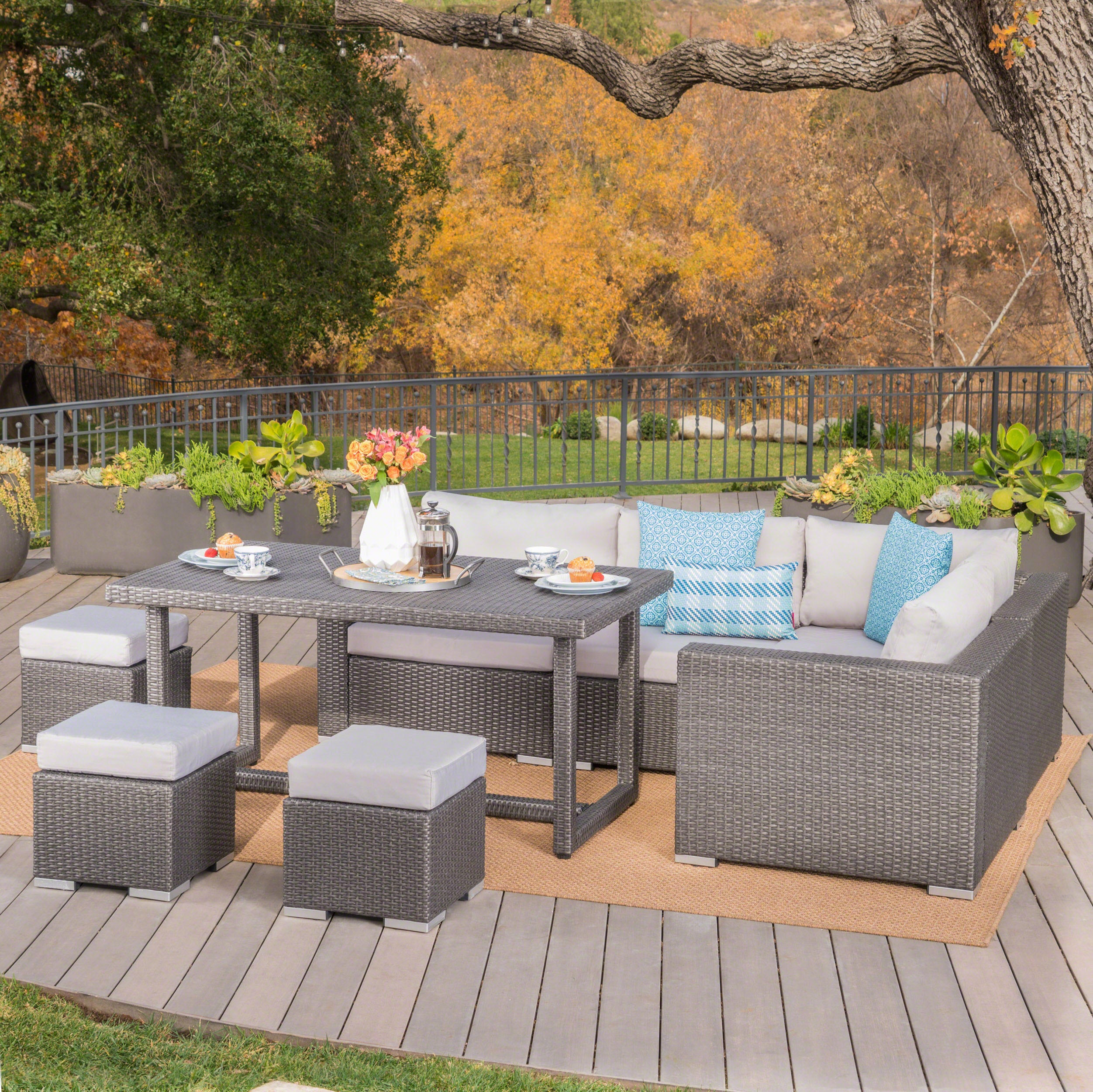 Santa Rosa Outdoor 7 Seat Dining Sofa and Ottoman Set with Aluminum Frame