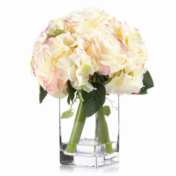 Enova Home Artificial Mixed Silk Roses and Fake Hydrangea Flowers Arrangement in Glass Vase with Faux Water for Home Decoration