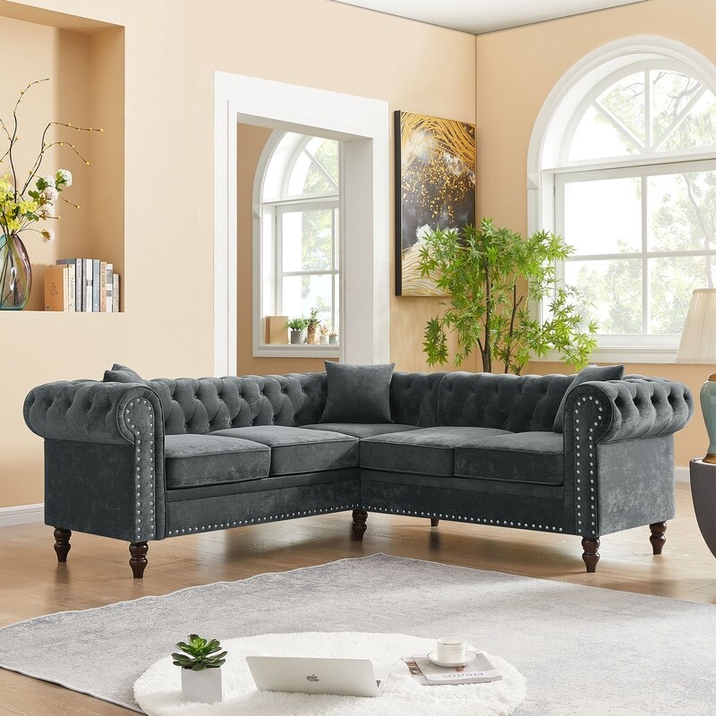 Chesterfield Button Tufted Upholstered Sectional Sofas L Shaped Sofa with 3 Pillows Included and Solid Wood Gourd Legs