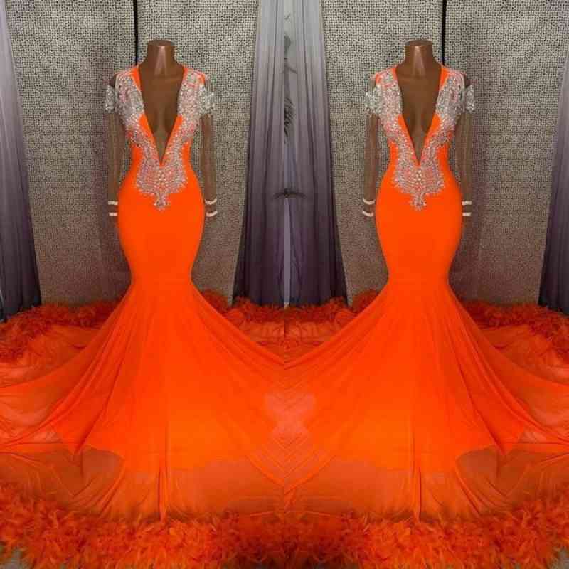 Orange Deep V-Neck Prom Dress Long Sleeves Mermaid With Feather