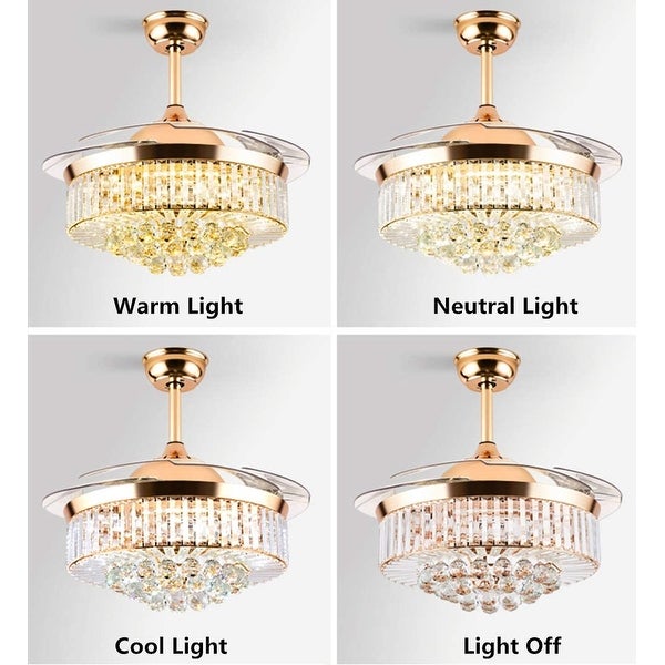 Crystal Ceiling Fan with Light Remote Control Chandelier Retractable Fandelier， Luxury 3 Color Lighting for Dining Room Shopping - The Best Deals on Ceiling Fans | 41540798