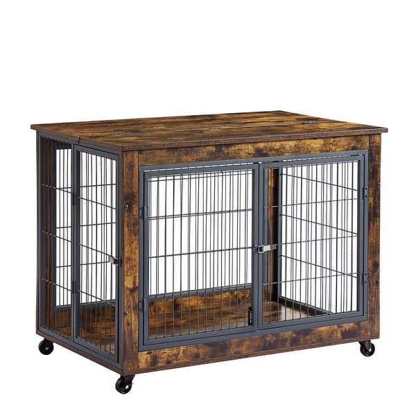 Industrial Wooden Iron Dog Crate， Dog Kennels with 3 Doors and Wheels， Pet Crate Side End Table for Medium and Small Dog