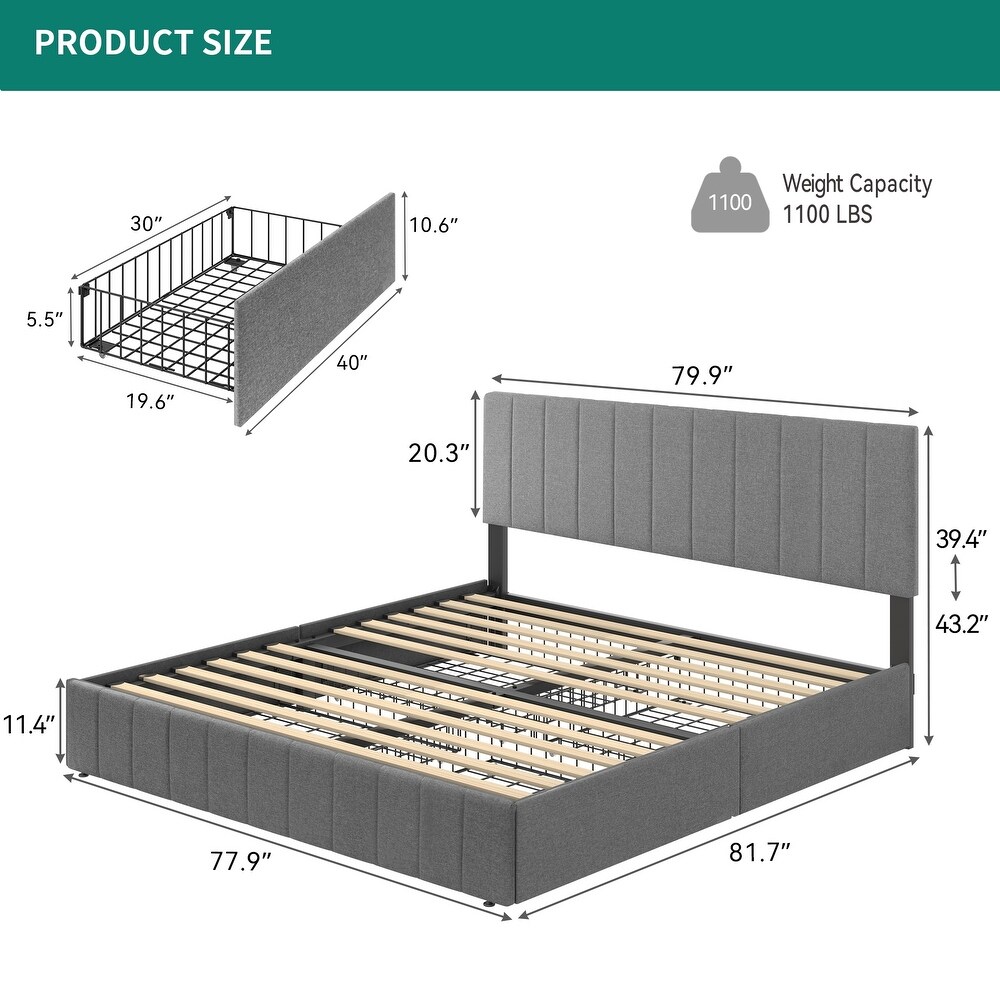 Modern Queen/King Grey Upholstered Bed Frame with Storage Drawers