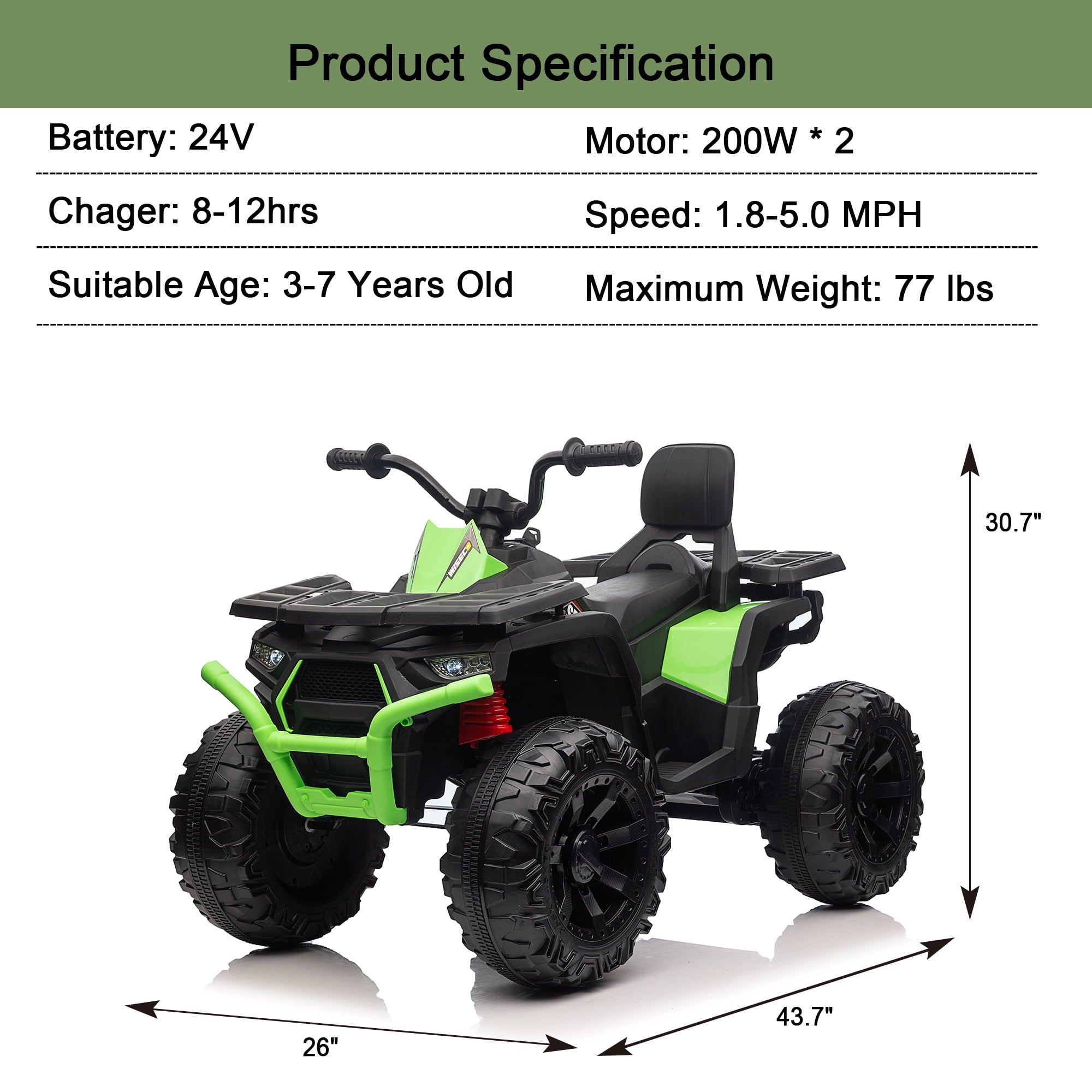 JC333 24V Kids Ride on ATV  Electric 4-Wheeler Quad with Music