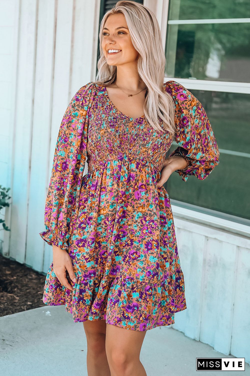 Purple Smocked V Neck Puffy Sleeve Floral Dress