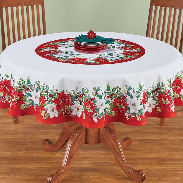 Collections Etc Poinsettia amp Holly Holiday Floral Tablecloth Round