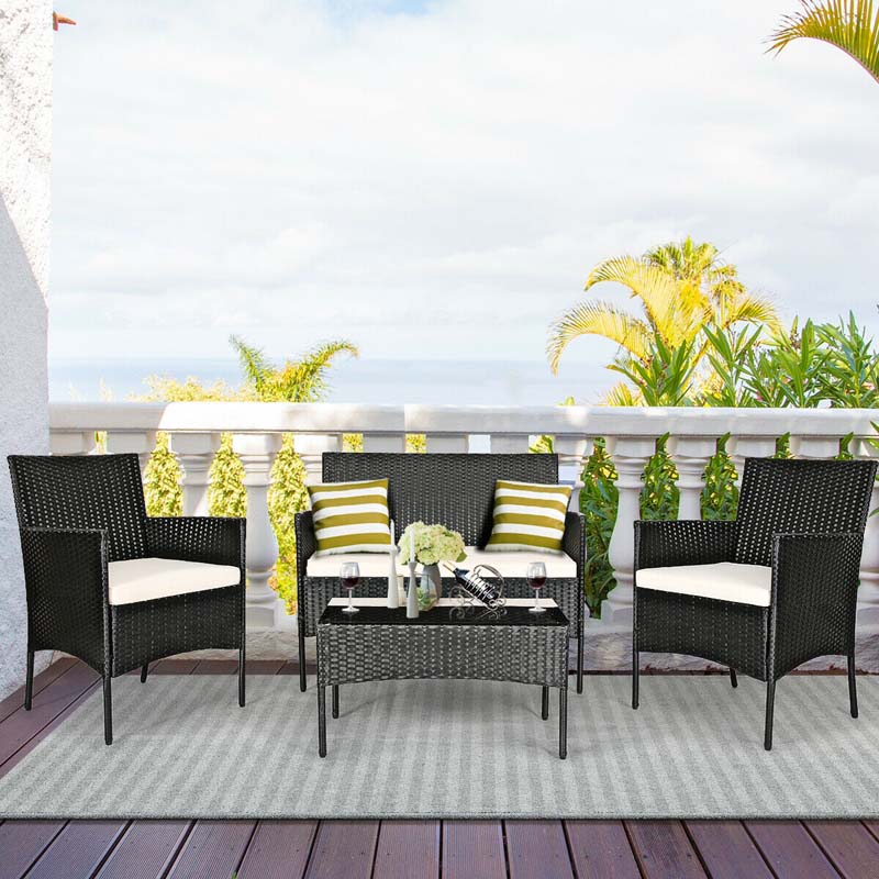 4 Pcs Rattan Patio Conversation Furniture Set Wicker Outdoor Sofa Set with Cushions & Coffee Table