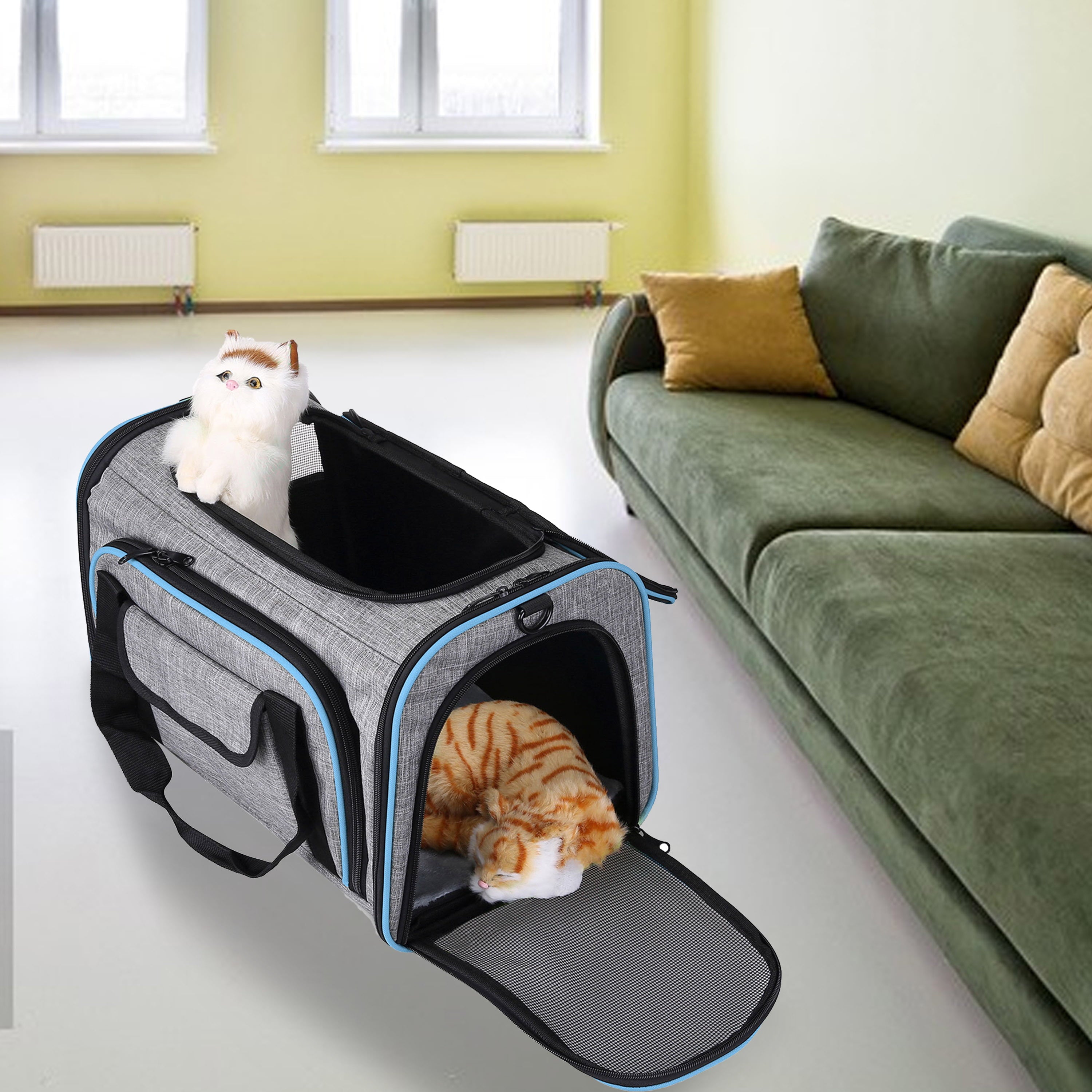 Pet Carrier Airline Approved， Large Soft Sided Pet Travel TSA Carrier 4 Sides Expandable Cat Collapsible Carrier with Removable Fleece Pad and Pockets for Cats Dogs and Small Animals