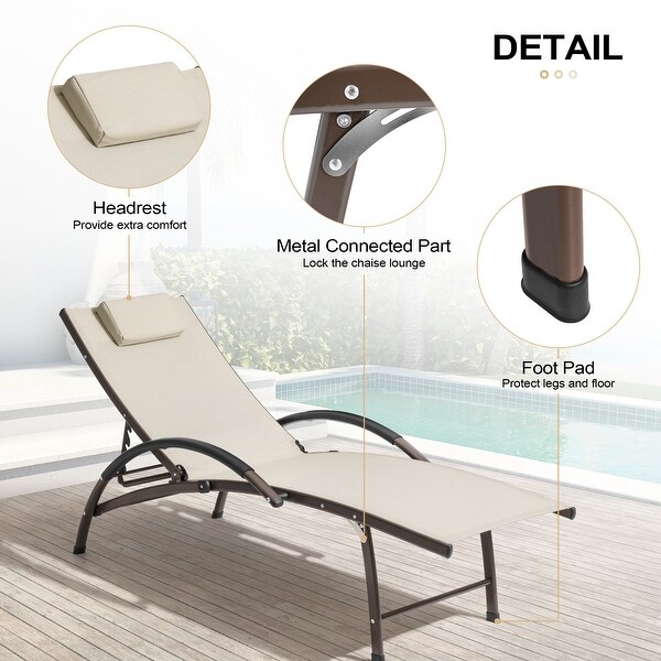 Crestlive Outdoor Adjustable Reclining Chaise Lounge Chair with Arms and Headrest，Aluminum or Steel Frame Options