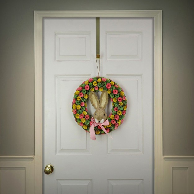 National Tree Company Artificial Hanging Wreath Foam Base Decorated With Colorful Flower Blooms Ribbon Bunny Head Easter Collection 16 Inches