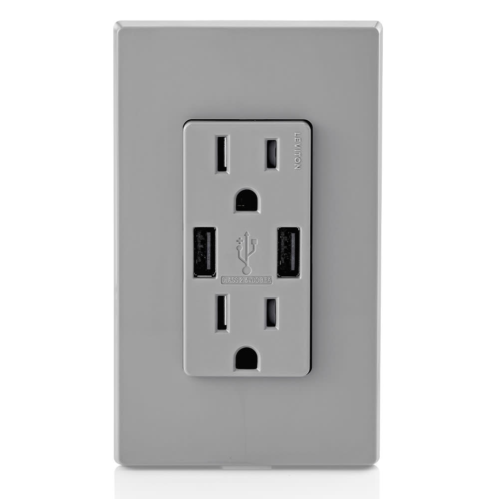 Leviton Decora 15A 125V Gray NEMA 5-15R Outlet and USB Charger