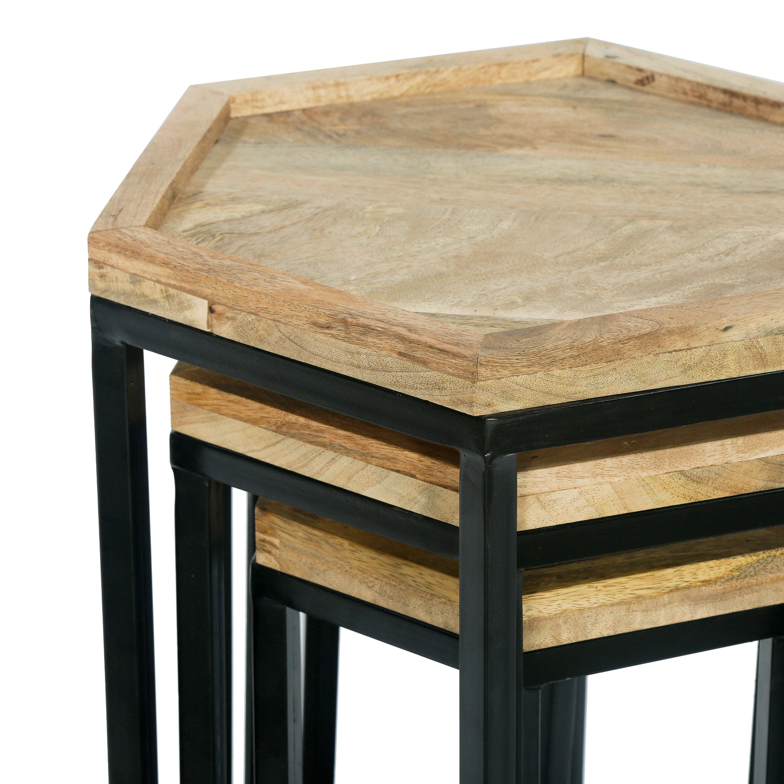 Yantic Modern Industrial Handcrafted Mango Wood Nested Side Tables (Set of 3), Natural and Black