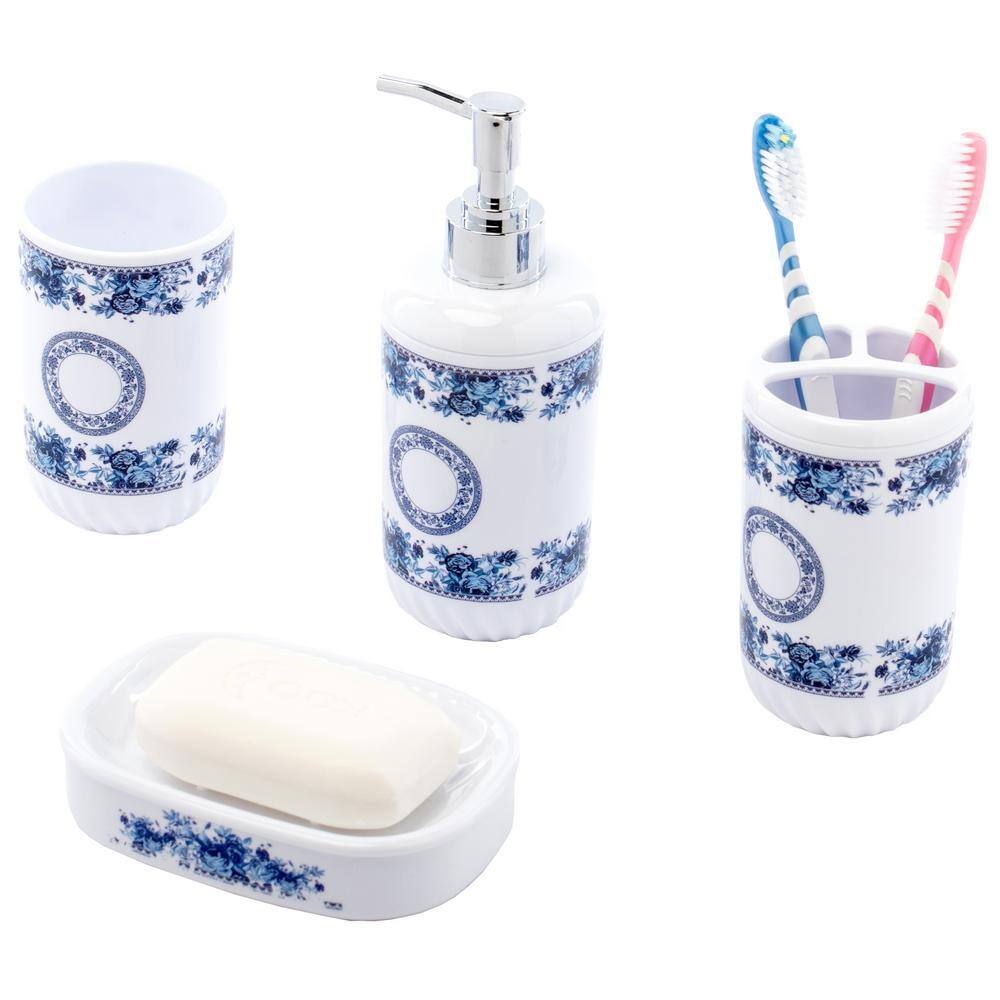 Basicwise 4 Piece Bathroom Accessory Set - Includes Soap Dispenser Toothbrush Holder Tumbler and Soap Dish White QI003263.WT