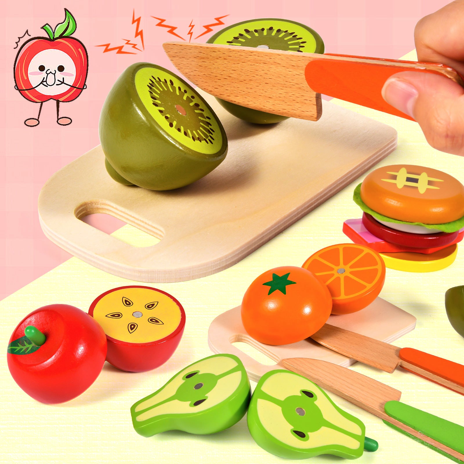 Wooden Pretend Play Food Sets for Kids Play Kitchen Accessories Cutting Pizza Toy Food Fruit Hamburger Toddler Kitchen Playset for Boys Girls Christmas Birthday Gifts