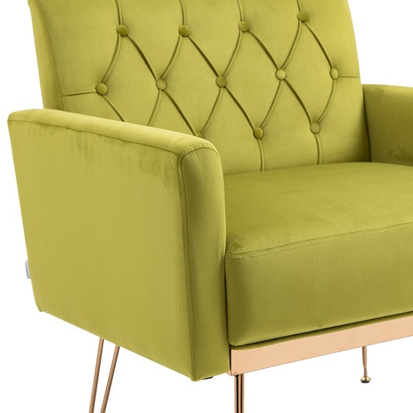 European Style Accent Chair， Velvet Upholstered Leisure Single Sofa with Rose Gold Feet for Living Room， Olive Green