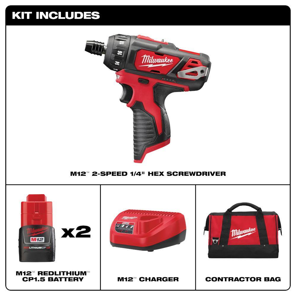 MW M12 12V Lithium-Ion Cordless 14 in. Hex 2-Speed Screwdriver Kit with Two 1.5 Ah Batteries and Bag 2406-22