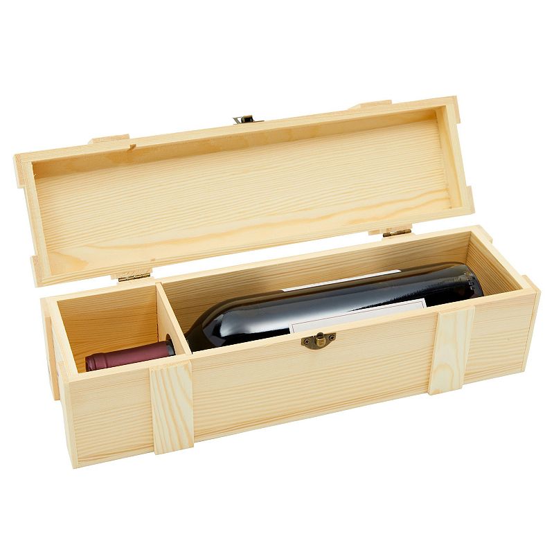 Wooden Wine Crate with Hinged Clasp for Single Bottle， Pinewood VINO Gift Box (13.8 x 4 x 3.9 In)