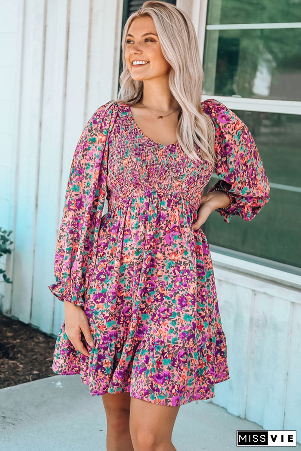 Purple Smocked V Neck Puffy Sleeve Floral Dress