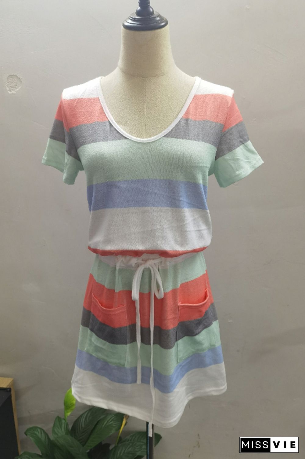 Stripe Drawstring V-neck Short Sleeve Dress with Pockets