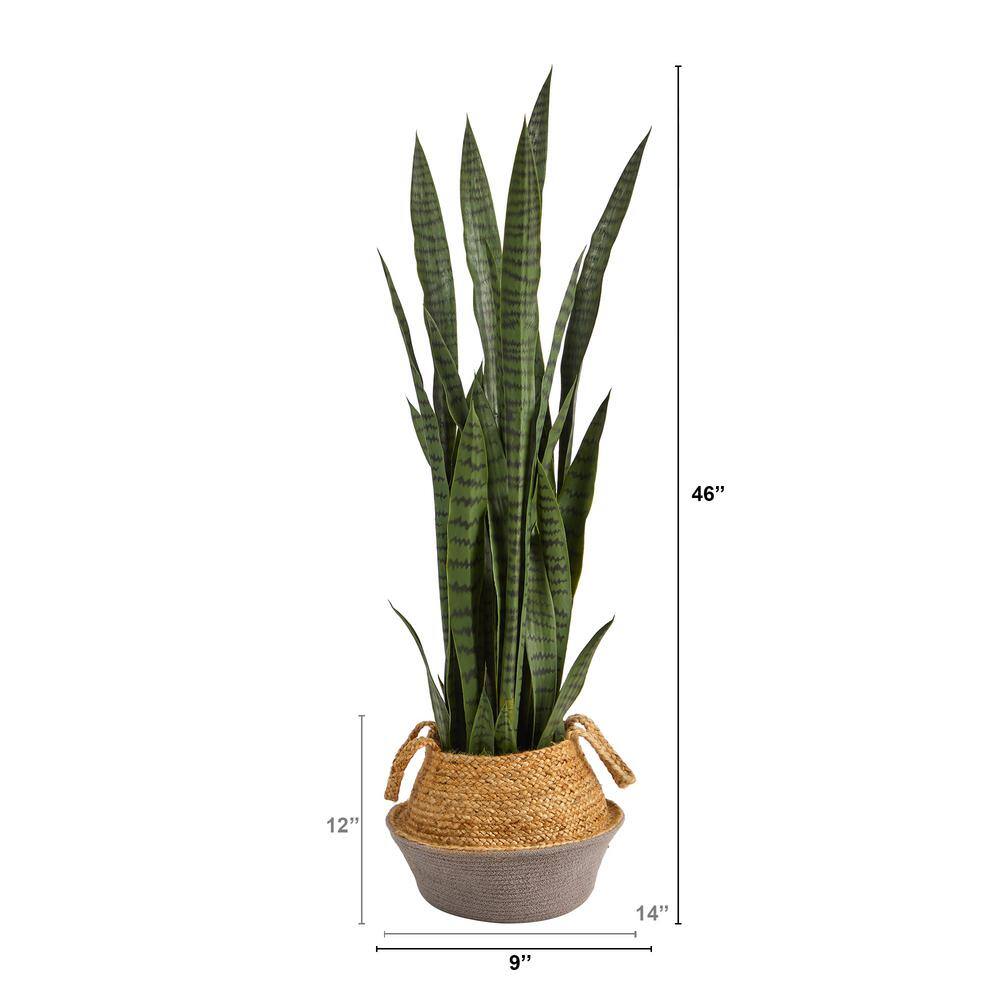 Nearly Natural 46 in. Green Sansevieria Artificial Plant in Boho Chic Handmade Cotton and Jute White Woven Planter P1763