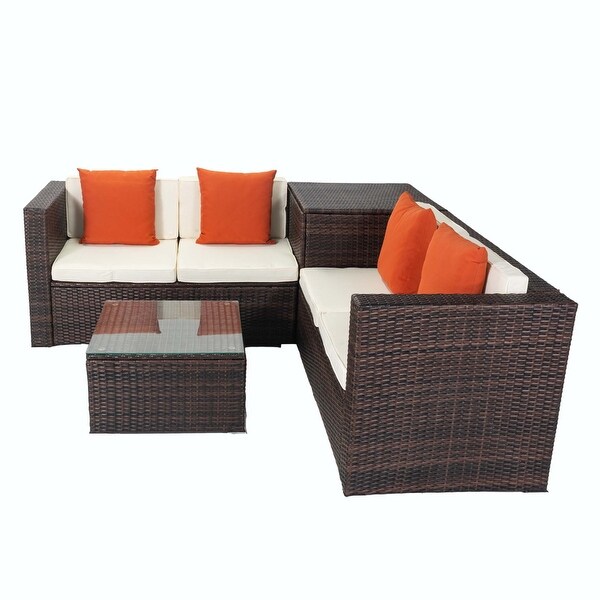 4 Piece Patio Sectional Wicker Rattan Outdoor Furniture Sofa Set with Storage Box -  - 37355246