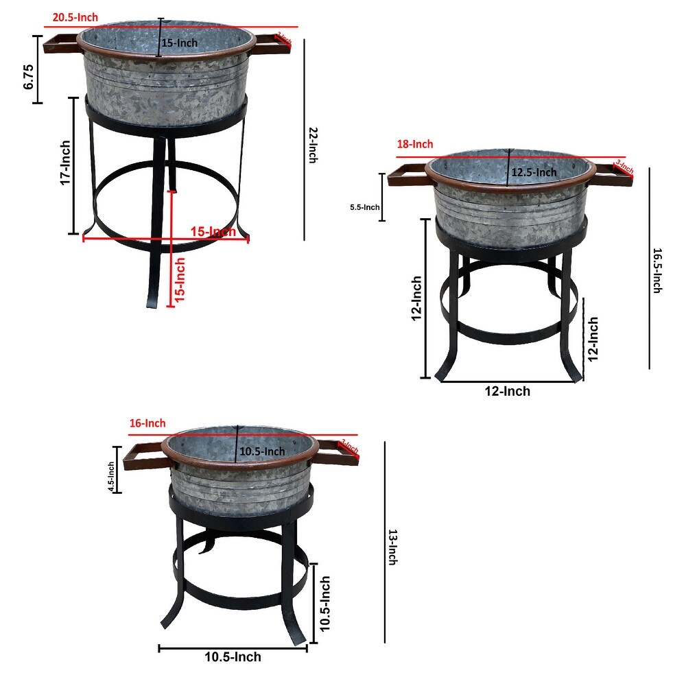 21  18  and 16 Inch 3 Piece Round Tub Metal Planter Set with Stand in Galvanized Gray and Black Iron