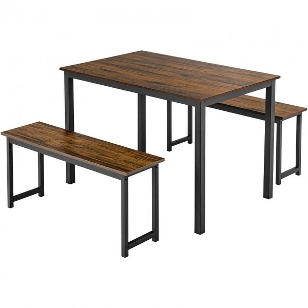 3 Pieces Modern Dining Table Bench Set with Wooden Tabletop and Metal Frame