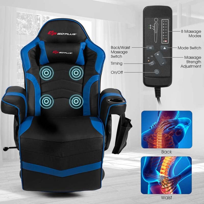 PU Leather Massage Gaming Chair, Ergonomic High Back Racing Style Gaming Recliner with Adjustable Backrest & Footrest, Cup Holder, Side Pouch