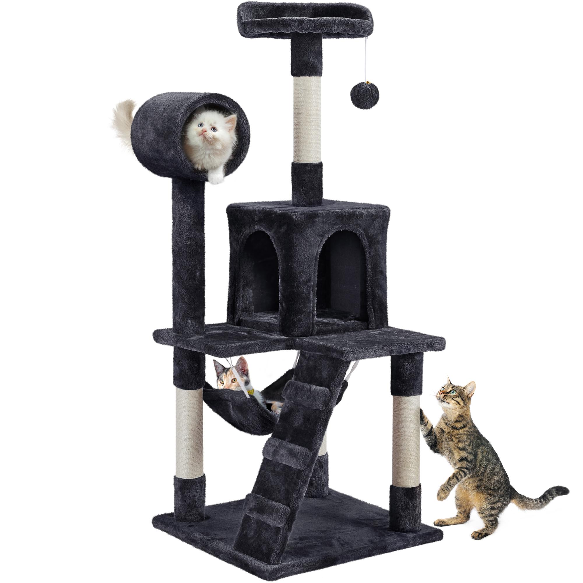 Topeakmart Black Plush Cat Tree Condo with Hammock Tunnel， 51