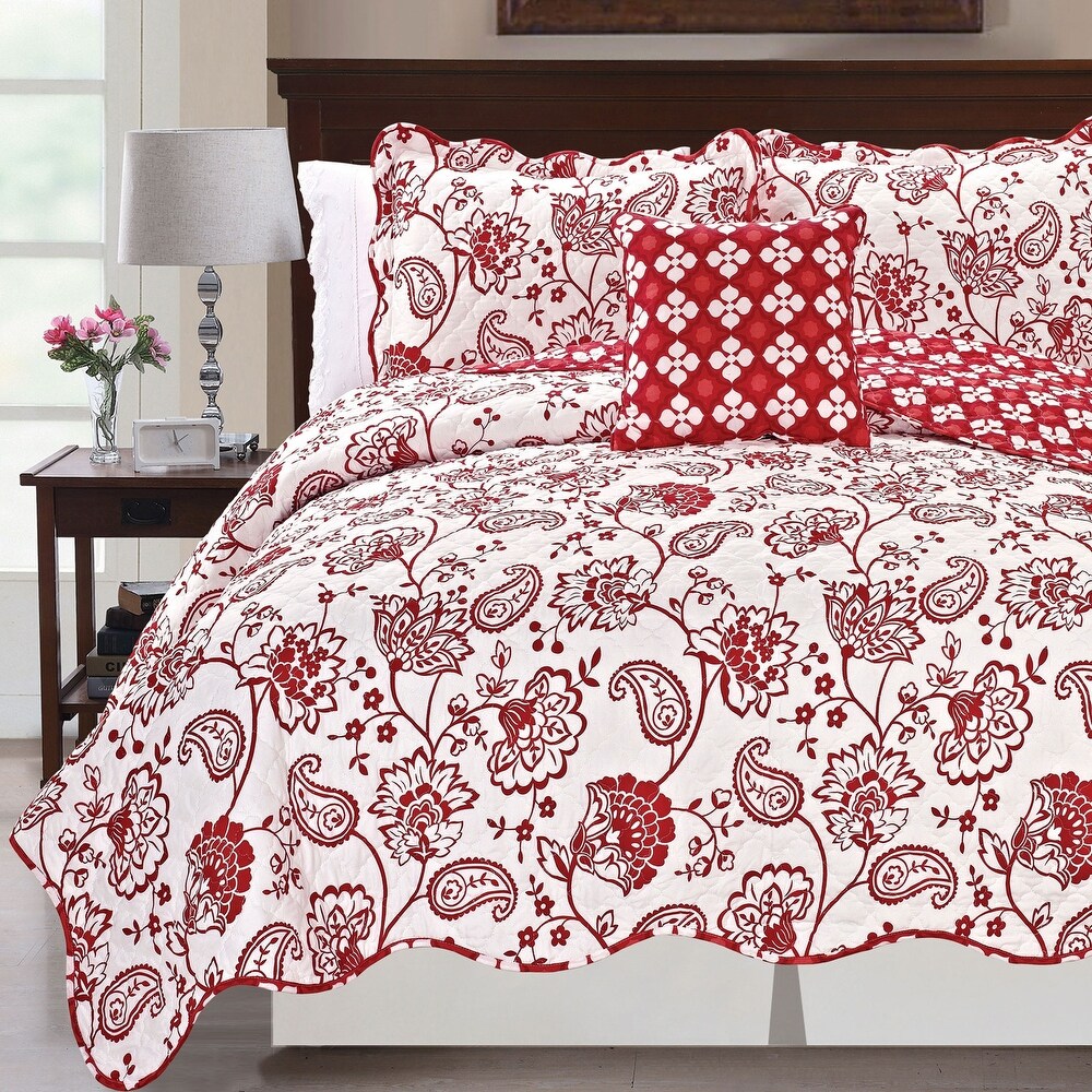 Printed Paisley Flower 4 piece Reversible Quilted Coverlet Set