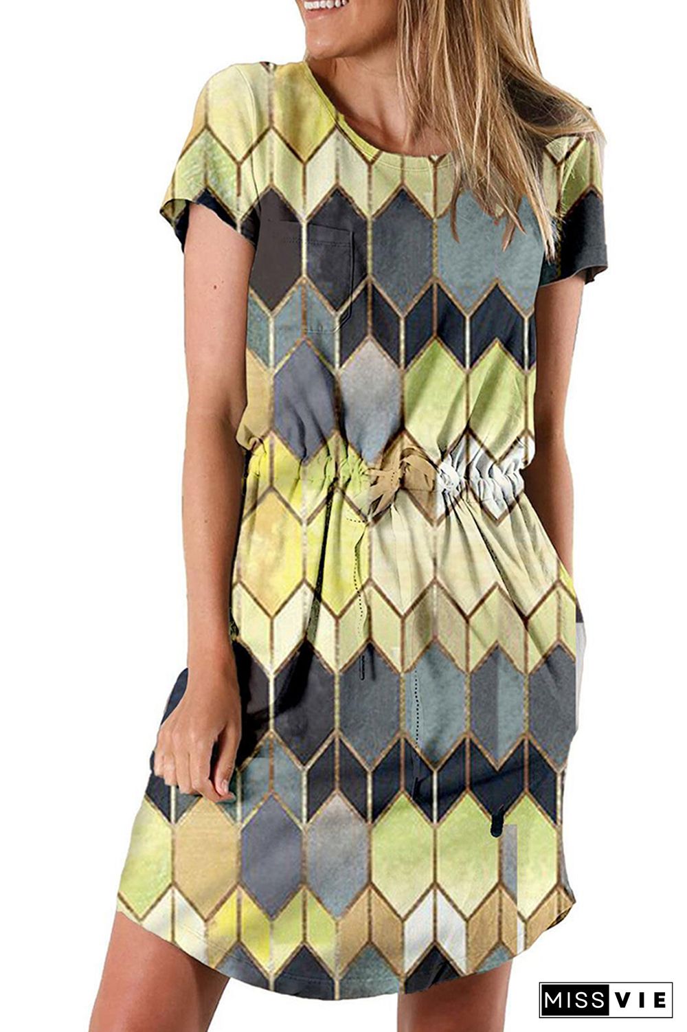 Argyle Print Drawstring Short Sleeve Geometric Dress