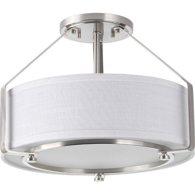 Progress Lighting Ratio Collection 3 light Semi flush Brushed Nickel White Linen Drum Shade