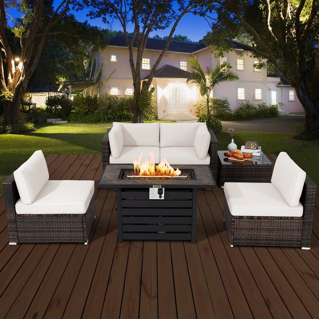 Costway 6pcs Patio Rattan Furniture Set 42 x27 x27 Fire Pit Table Cover Sofa Cushion Off White black navy red turquoise