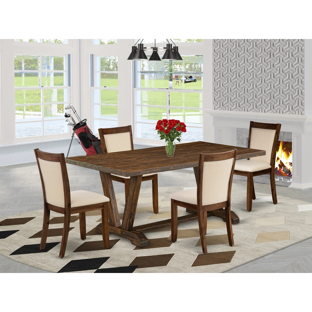 East West Furniture Dining Table Set  a Wooden Table and Light Beige Linen Fabric Chairs  Distressed Jacobean(Pieces Options)