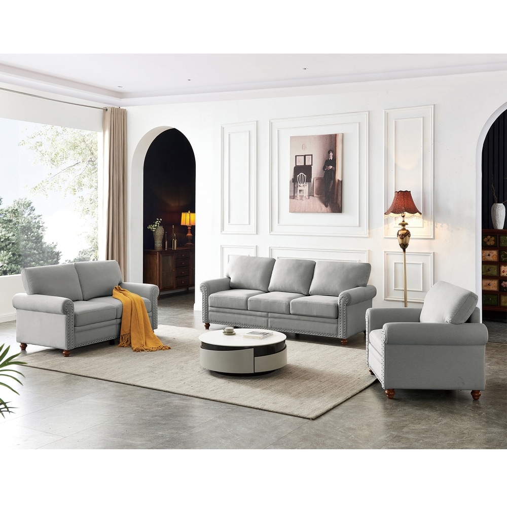 3pc Sectional Sofa Set  Loveseat   3 seat Sofa w/ Storage  Linen Upholstery Single Chair w/ Nailheads   Removable Cushion  Grey