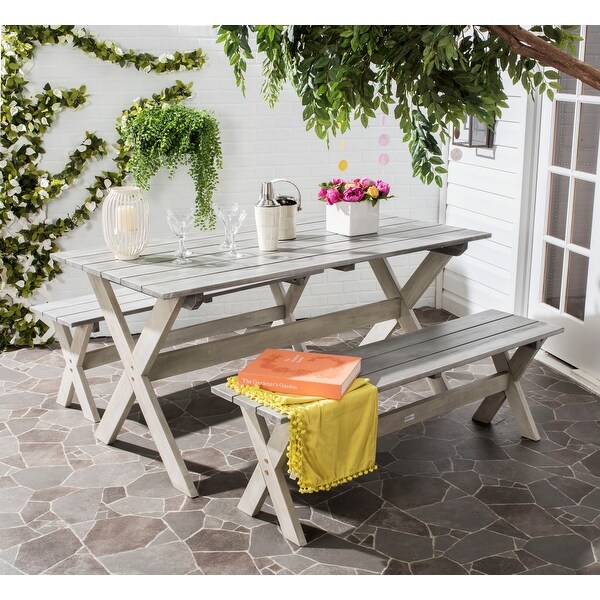 SAFAVIEH Outdoor Living Marina Grey/White Bench and Table Set (3piece)