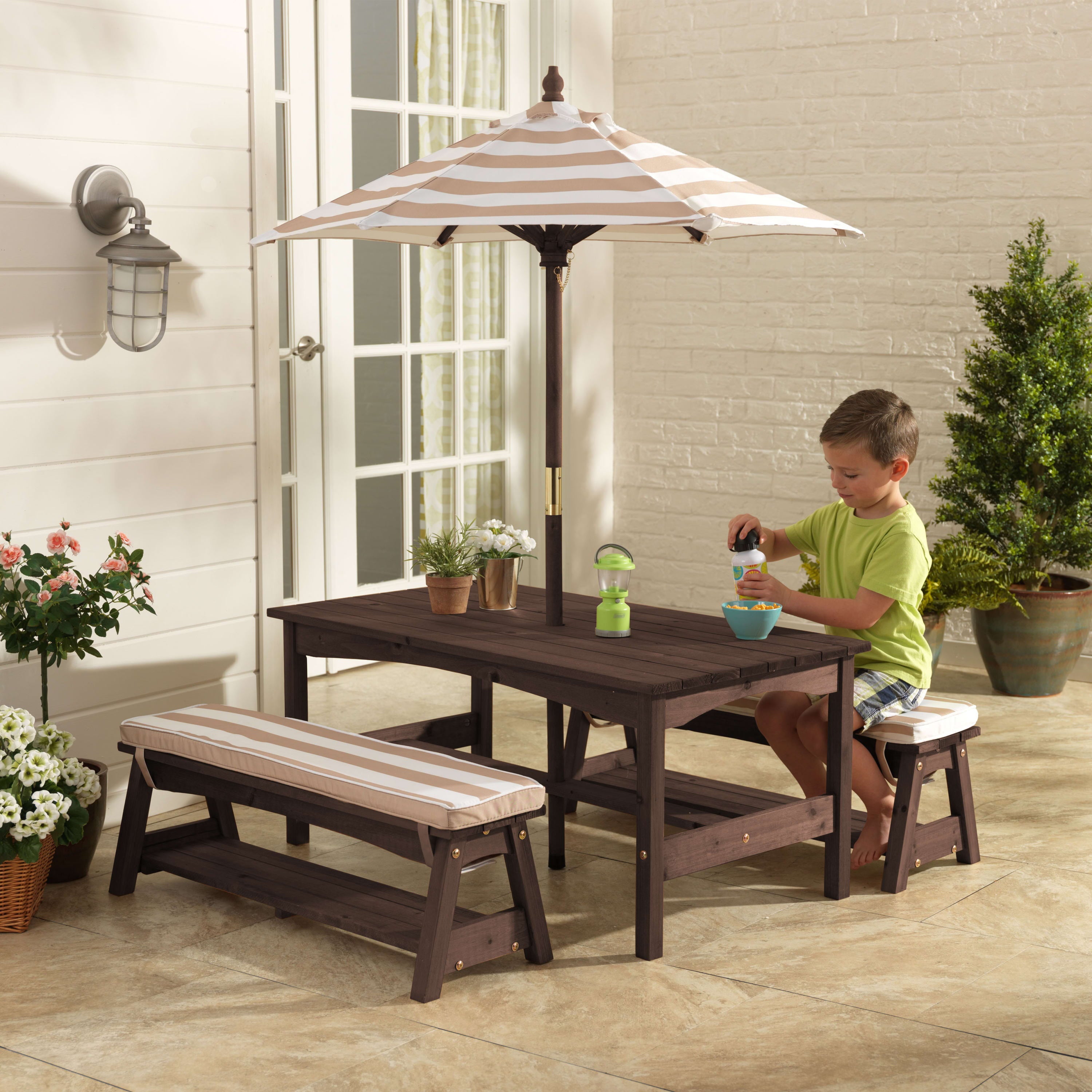 KidKraft KidKraft Outdoor Wooden Table & Bench with Cushions and Umbrella, Espresso