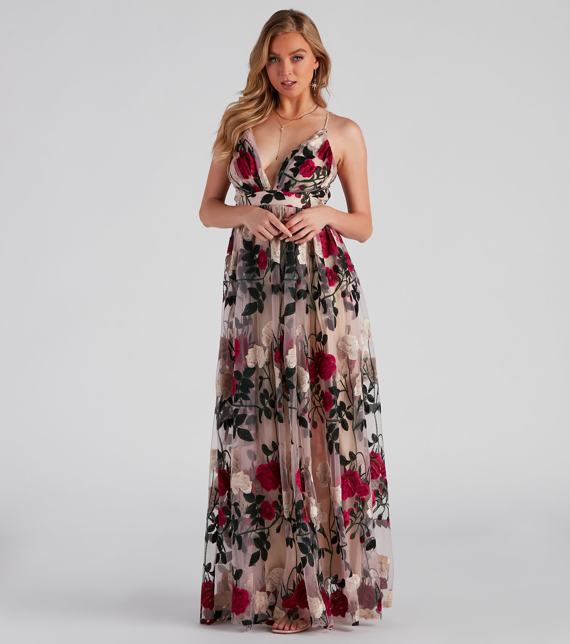 Charena Formal Embroidered Floral Tulle Dress