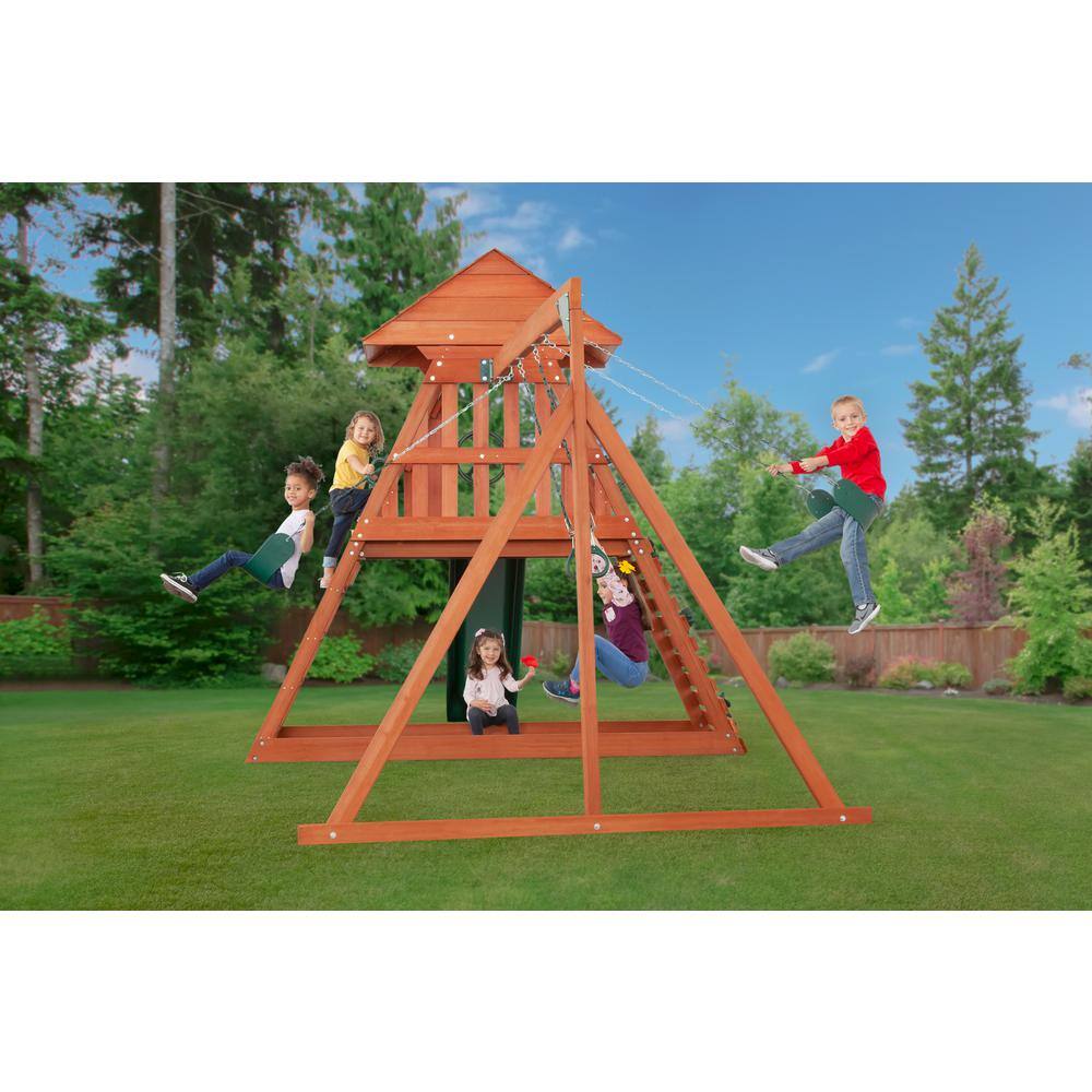 Creative Cedar Designs Cedar Chalet Complete Wood Playset with Wooden Roof Climbing Wall Sandbox Slide and Multiple Swing Set Accessories 3710