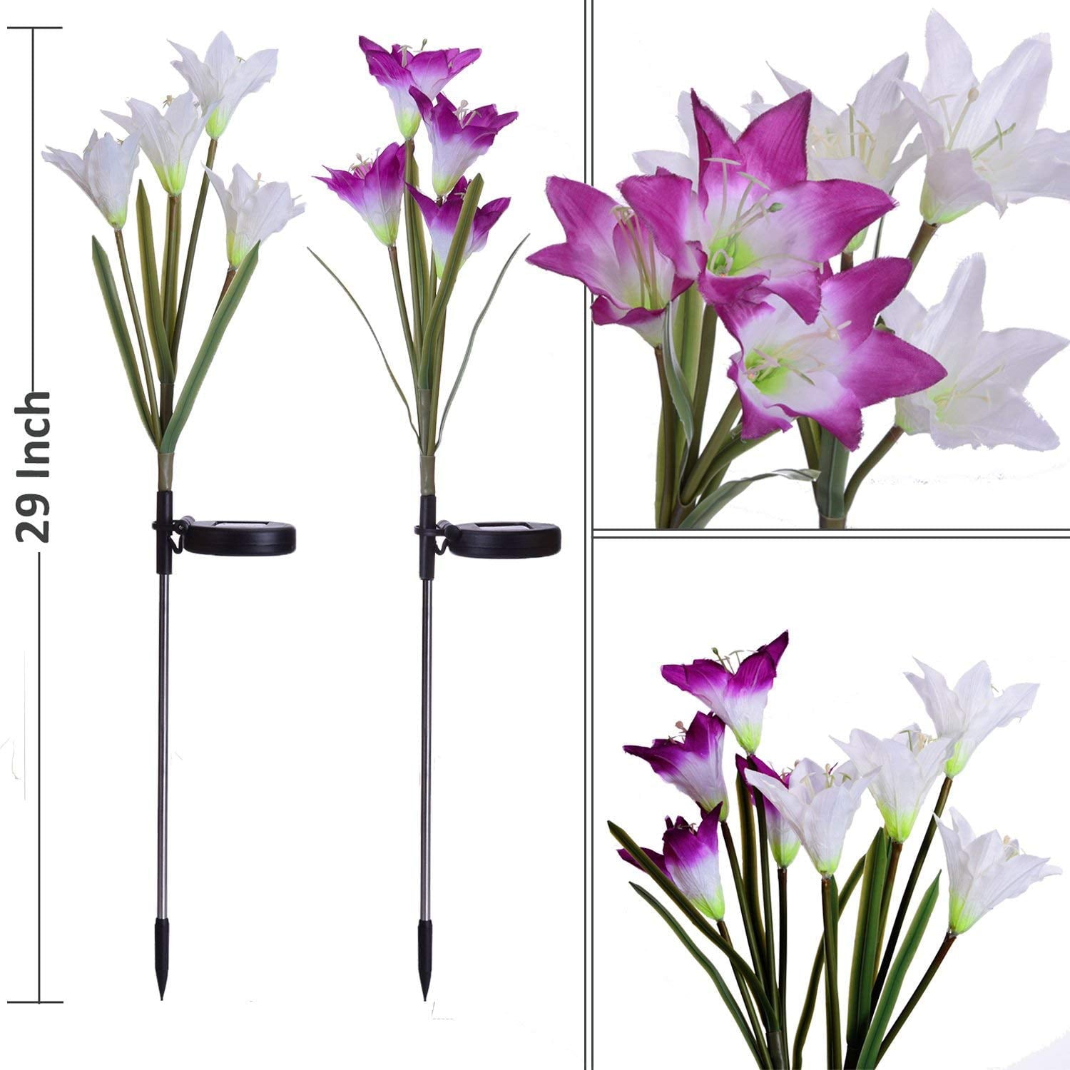 Outdoor Solar Garden Stake Lights - 2 Pack Solite Solar Powered Lights with 8 Lily Flower, Multi-color Changing LED Solar Stake Lights for Garden, Patio, Backyard (Purple and White)