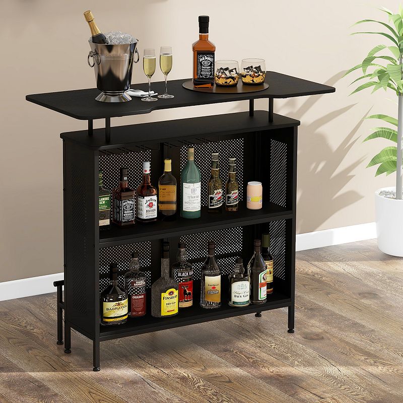 4-Tier Liquor Bar Table with 6 Glass Holders and Metal Footrest-Black