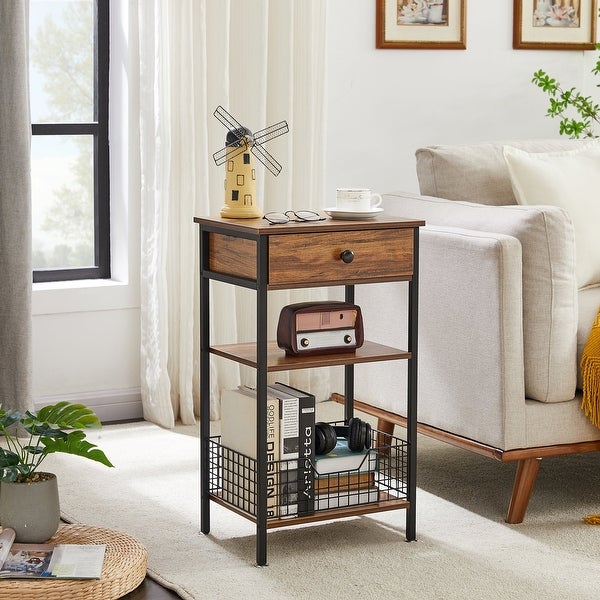 Taomika 1-Drawer Mid Century Modern Nightstand with Storage Shelves and Baskets - - 36349587