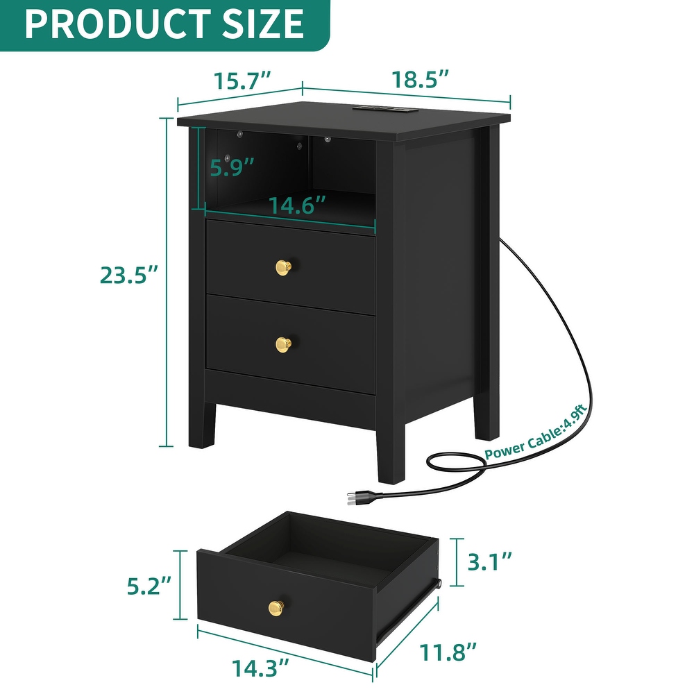 Nightstand Set of 2 with Charging Station End Side Table with 2 Drawers with USB Ports and Outlets Bedside Bed