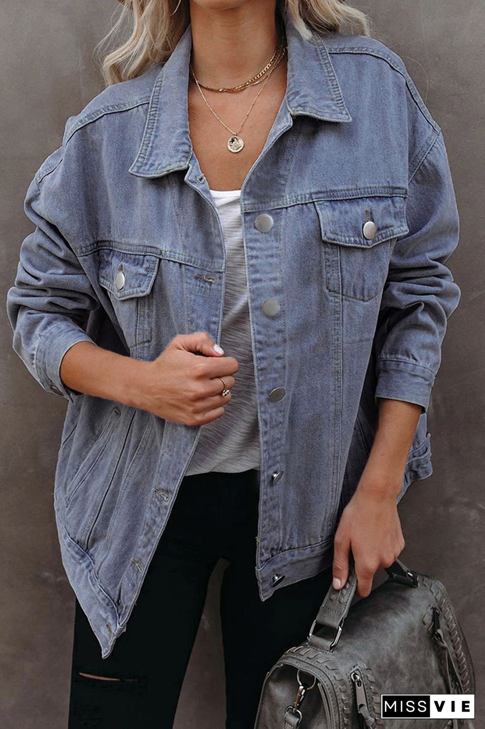 Wash Buttons Front Denim Jacket Women Wholesale