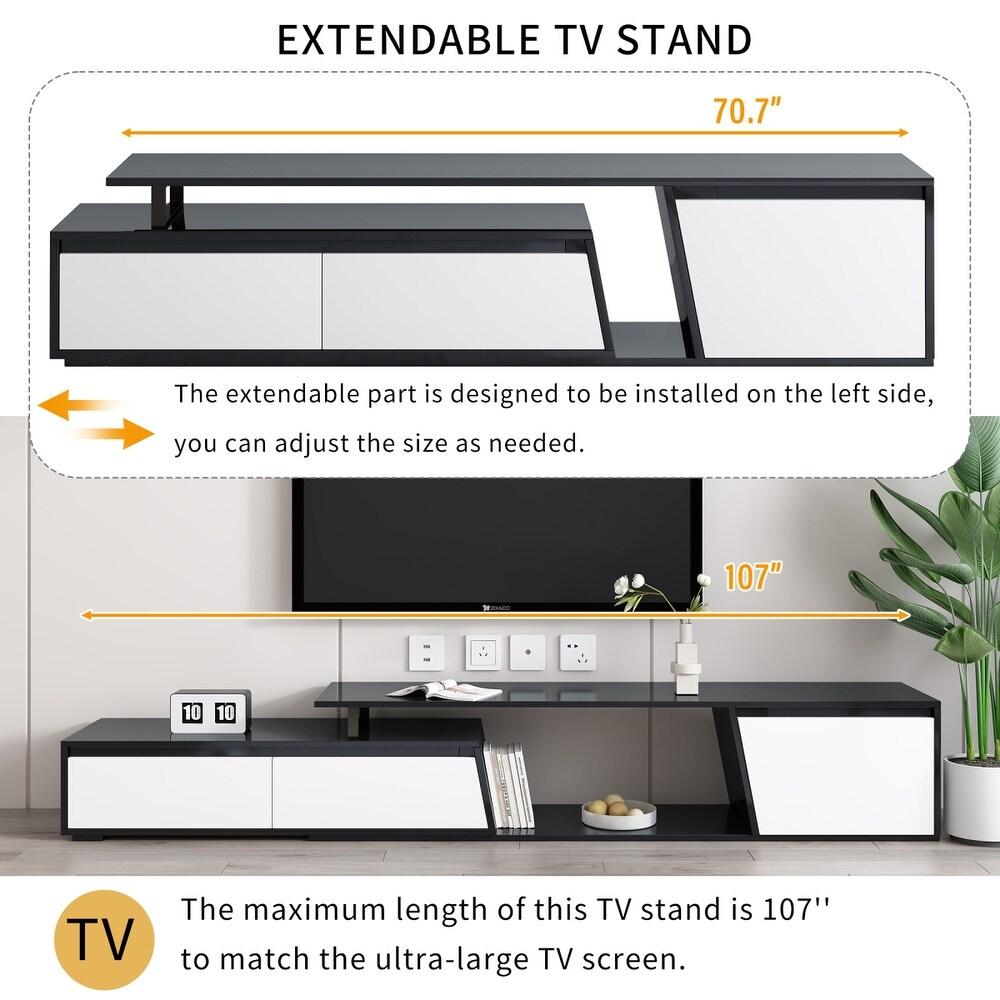 Modern Retractable TV Stand  Extendable Media Console TV Cabinet with 2 Drawers and 1 Cabinet for Living Room