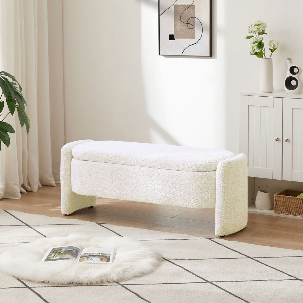 Ottoman Oval Storage Bench Lamb Fleece Fabric Bench with Large Storage