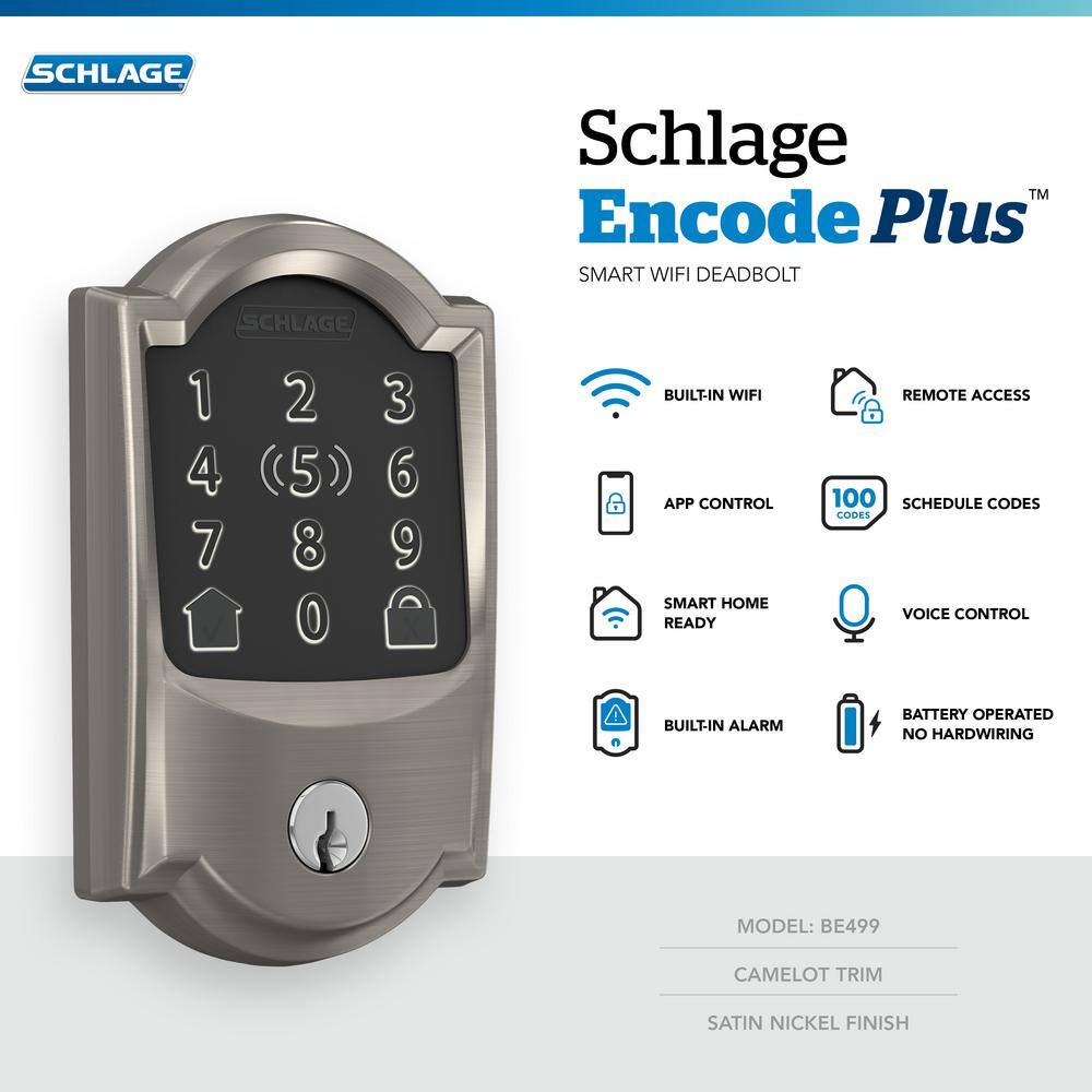 Schlage Camelot Satin Nickel Electronic Encode Plus Smart WiFi Deadbolt with Alarm BE499WB CAM 619