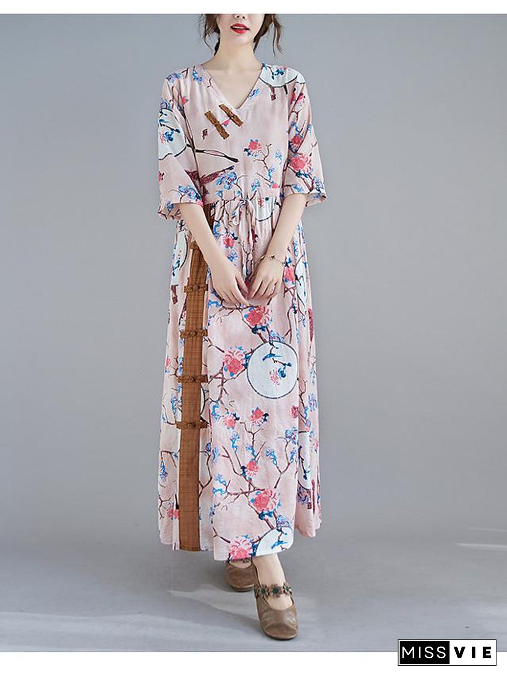 Women's Swing Dress Maxi long Dress 3/4 Length Sleeve Floral Spring Summer Casual Blushing Pink Light Blue M L XL XXL