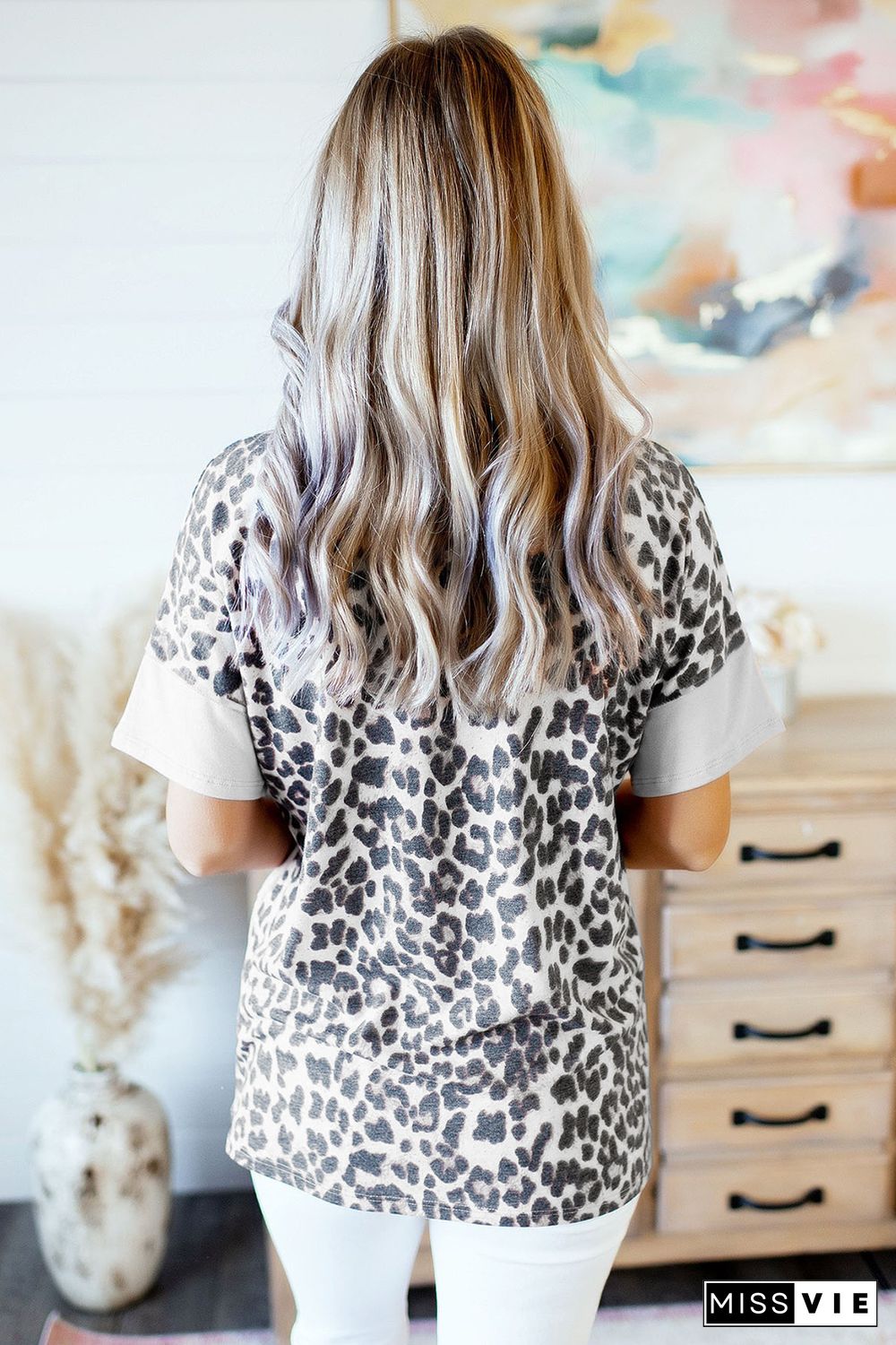 Gray Fierce Leopard Print Color Blocking Tee